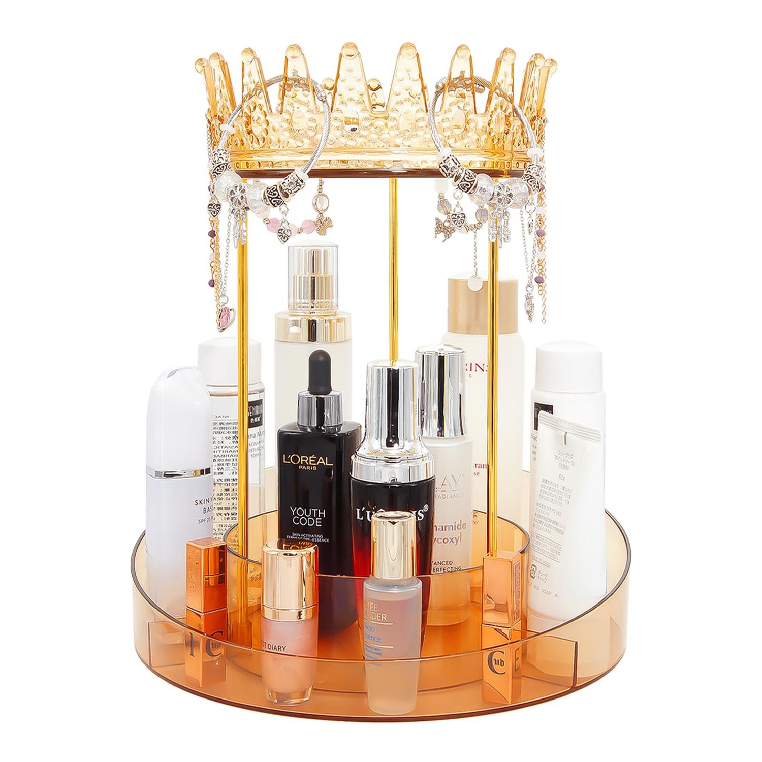 VNIMTI Rotating Vanity Makeup Organizer, 2 Tier Skincare Organizer with Jewelry Organizer, Cosmetic Organizer for Countertop, Makeup Storage Perfume Organizer for Dresser, Counter, Bathroon (Gold)
