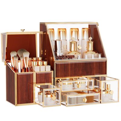 Youdepot Tempered Glass Makeup Organizer Countertop - Multi-Functional 3-in-1 Cosmetic Organizer for Skincare, Lipstick, Brushes - Vanity Organizer &amp; Bathroom Organizer and Skincare Organizer.