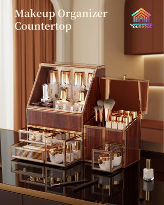 Youdepot Tempered Glass Makeup Organizer Countertop - Multi-Functional 3-in-1 Cosmetic Organizer for Skincare, Lipstick, Brushes - Vanity Organizer &amp; Bathroom Organizer and Skincare Organizer.