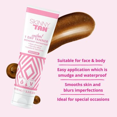 SkinnyTan 1 Day Instant Tanner - Self Tanning Lotion for Face and Body - Skin-Perfecting Coverage with Delicious Scent - Easy Rinse - Medium - 3.3 oz