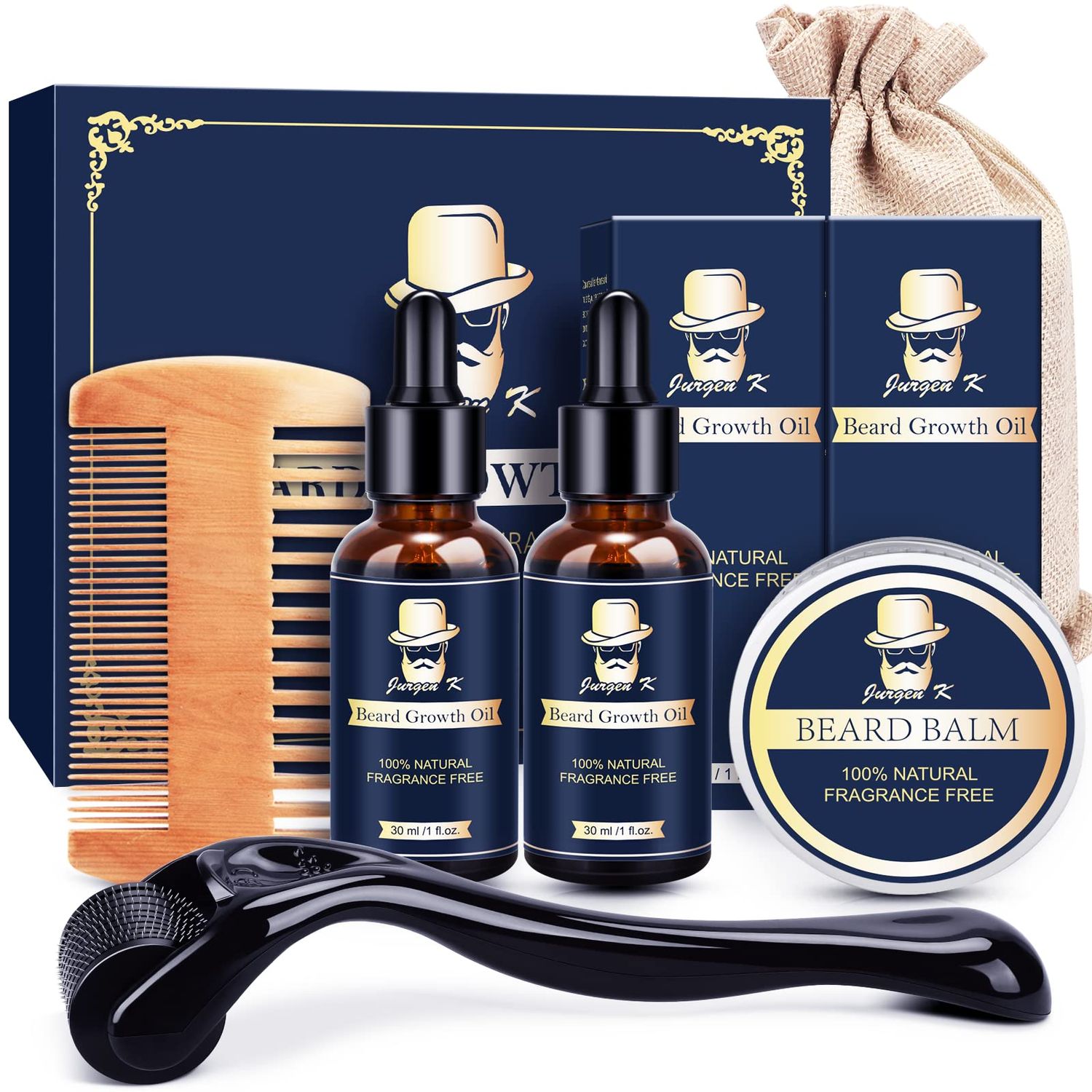 Jurgen K Beard Growth Kit - Beard Kit for Men with Beard Growth Oil (2 Packs), Balm, Comb, Beard Massager for Patchy Beard, Birthday &amp; Valentines Day Gifts for Him Boyfriend Husband