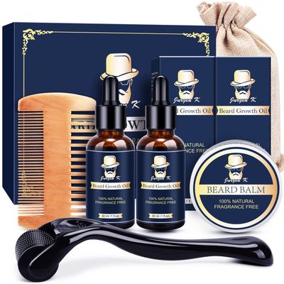 Jurgen K Beard Growth Kit - Beard Kit for Men with Beard Growth Oil (2 Packs), Balm, Comb, Beard Massager for Patchy Beard, Birthday &amp; Valentines Day Gifts for Him Boyfriend Husband