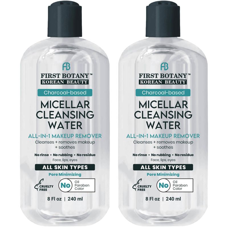 Korean Micellar Water Makeup Remover - Charcoal Hydrating Toner and Cleanser, Pore Cleansing,Oil-Free, Gentle for All Skin Types 8 oz, Pack of 2