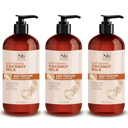Soapbox Moisturizing Body Lotion, Coconut Milk &amp; Sandalwood with Aloe and Shea Butter, Pack of 3 Hand Lotion Bottles, Vegan Skin Care Products, Moisturizer for Dry Skin, 3 Pack, 16oz Each