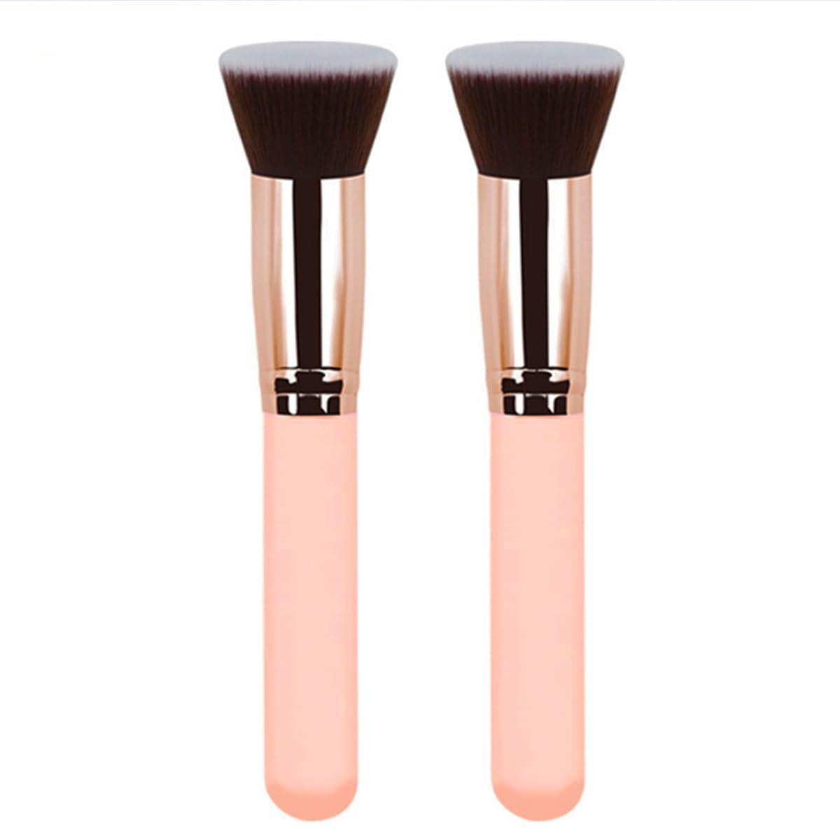 Reazana Kabuki Brushes 2pcs Foundation Blush Brush Makeup Brushes for Liquid Cream Powder Professional Cosmetics Blender Brush Face Blending Buffing Brushes Thick Soft Synthetic Fibers Flat Top (Pink)