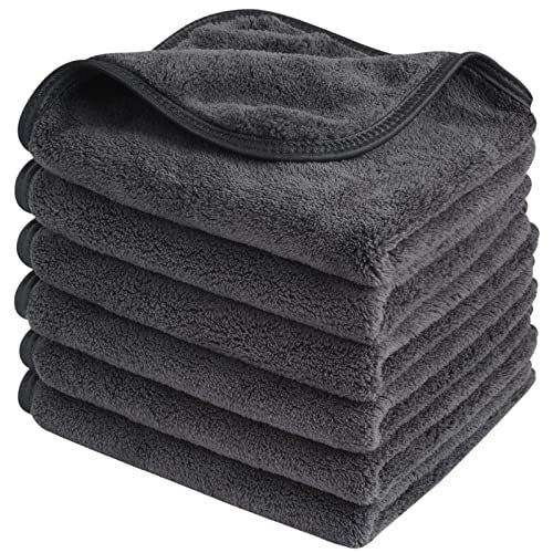 SINLAND Microfiber Face Cloths Reusable Makeup Remover Washcloths Super Soft and Absorbent Fingertip Face Towels for Sensitive Skin Women 12 x 12 Inch 6 Pack Grey