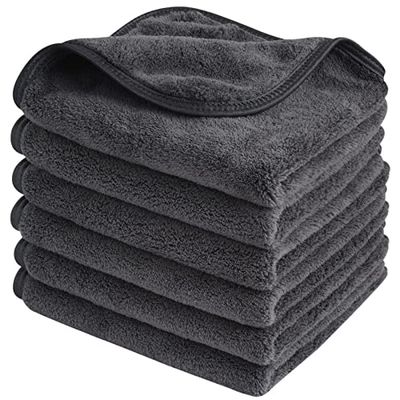 SINLAND Microfiber Face Cloths Reusable Makeup Remover Washcloths Super Soft and Absorbent Fingertip Face Towels for Sensitive Skin Women 12 x 12 Inch 6 Pack Grey