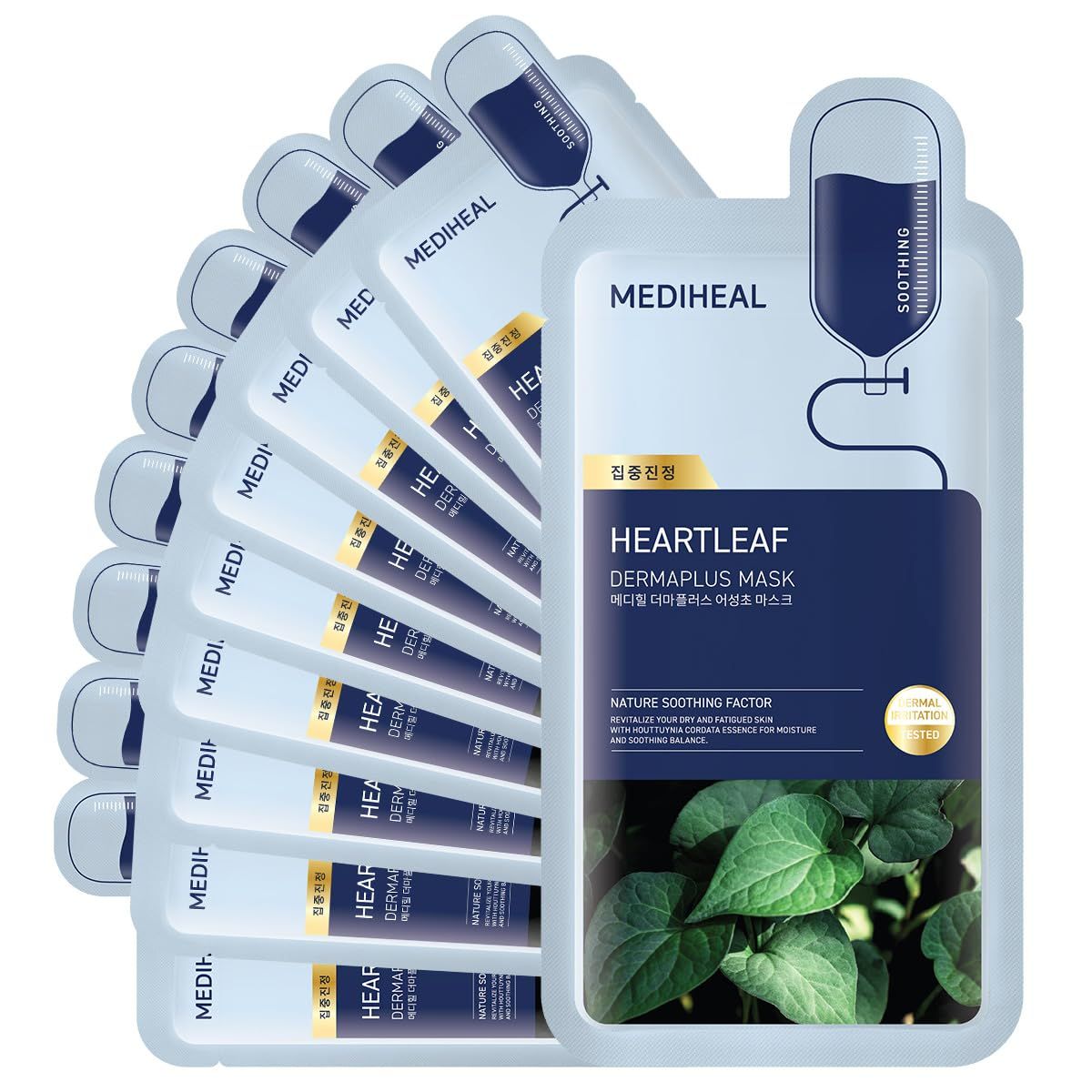 Mediheal Dermaplus Heartleaf Mask (10 Counts) - Daily Vegan Mask for Soothing Skin with Panthenol &amp; Hyaluron, Korean Self Skin Care Sheet Mask