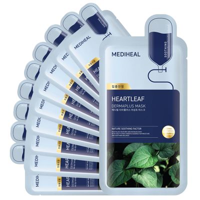 Mediheal Dermaplus Heartleaf Mask (10 Counts) - Daily Vegan Mask for Soothing Skin with Panthenol &amp; Hyaluron, Korean Self Skin Care Sheet Mask