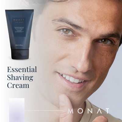 MONAT For Men Essential Shaving Cream - Natural Shaving Cream Includes Shea Butter, Coconut Oil, Aloe Vera, Ginger Root Extract, Panthenol, Avena Care &amp; Coffee Seed Oil - Net Wt. 120 ml / 4 fl. oz.