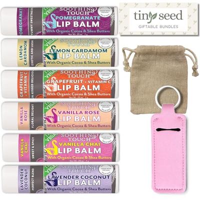 Vegan Lip Balm Set - Pack of 6 Soothing Touch Lip Balms. Includes Muslin Pouch &amp; Lip Balm Holder Keychain (Pink): Pomegranate, Lemon Cardamom, Grapefruit, Vanilla Rose, Vanilla Chai, Lavender Coconut