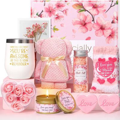 Valentines Day Gifts for Her Wife Girlfriend, Cherry Blossom Bath Spa Gifts for Women, Relaxing Anniversary Self Care Gift Baskets for Women, Unique Birthday Gifts for Mom Sister Daughter Aunt Friends