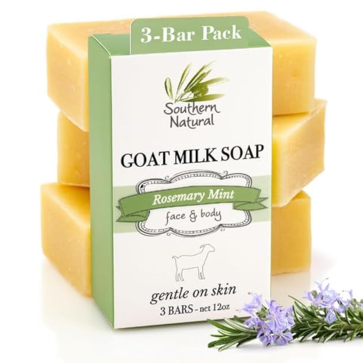 Southern Natural Goat Milk Soap Bar - 3 Pack Rosemary Mint - For Dry Sensitive Skin. Natural, Handmade Soap For Men, Women &amp; Kids. Use On Face &amp; Body
