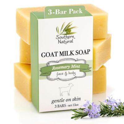 Southern Natural Goat Milk Soap Bar - 3 Pack Rosemary Mint - For Dry Sensitive Skin. Natural, Handmade Soap For Men, Women &amp; Kids. Use On Face &amp; Body