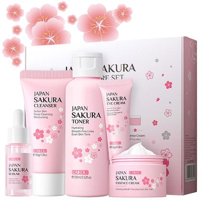 Skincare Gift Set Sakura Skin Care Travel Kit with Cleanser, Toner, Serum, Eye Cream, Face Cream for Women Girls (5pcs)