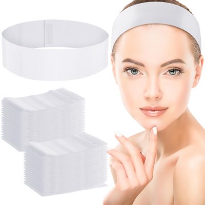 WILLBOND 200 Pieces Disposable Spa Facial Headbands Stretch Non Woven Facial Headband Skin Care Soft Hair Band with Convenient Closure for Women Salons, White