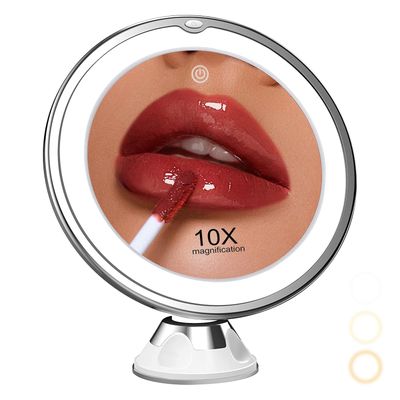 Roying 10X Magnifying Makeup Mirror with Lights, 3 Color Lighting, Bathroom Shower Mirror with Suction Cup, Intelligent Switch, 360 Degree Rotation, Portable for Detailed Makeup, Close Skincare