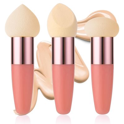 Sibba Makeup Sponge 3 PCS Beauty Blender Foundation Make Up Concealer Blending Cosmetic Mini Angled Brush Applicator Handle Artist Applying Make-Up Eyebrow Face Powder Puff(rose red)