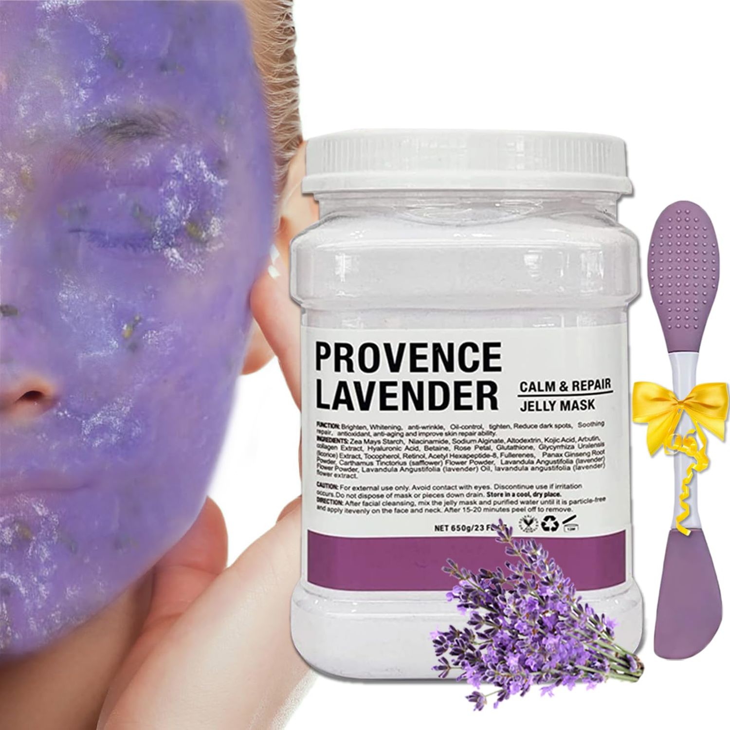 Ouhans Jelly Mask Powder for Facials,Lavender Jelly Masks for Facials Professional,Jelly Face Mask,Hydrating, Brightening &amp; Nourishing,DIY SPA Rubber Mask,with double-ended silicone brush,23 Fl Oz
