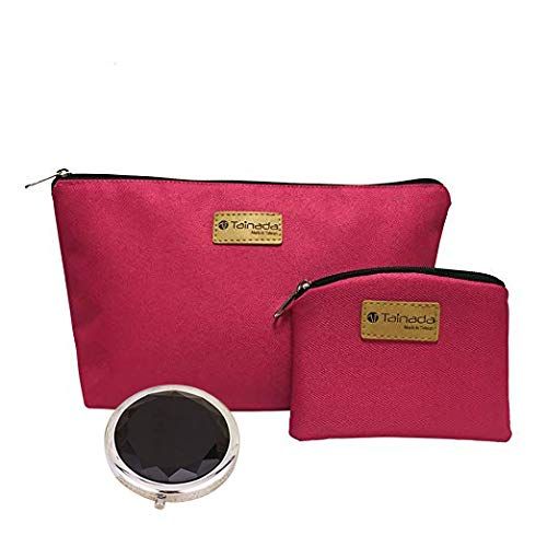 Tainada Cosmetic Bag/Makeup Pouch/Toiletry Storage Water-Repellent Zipper Travel Organizer for Womens Beauty &amp; Skincare Accessories + One Coin Purse &amp; Cosmetics Mirror Bundle Set (Pink)