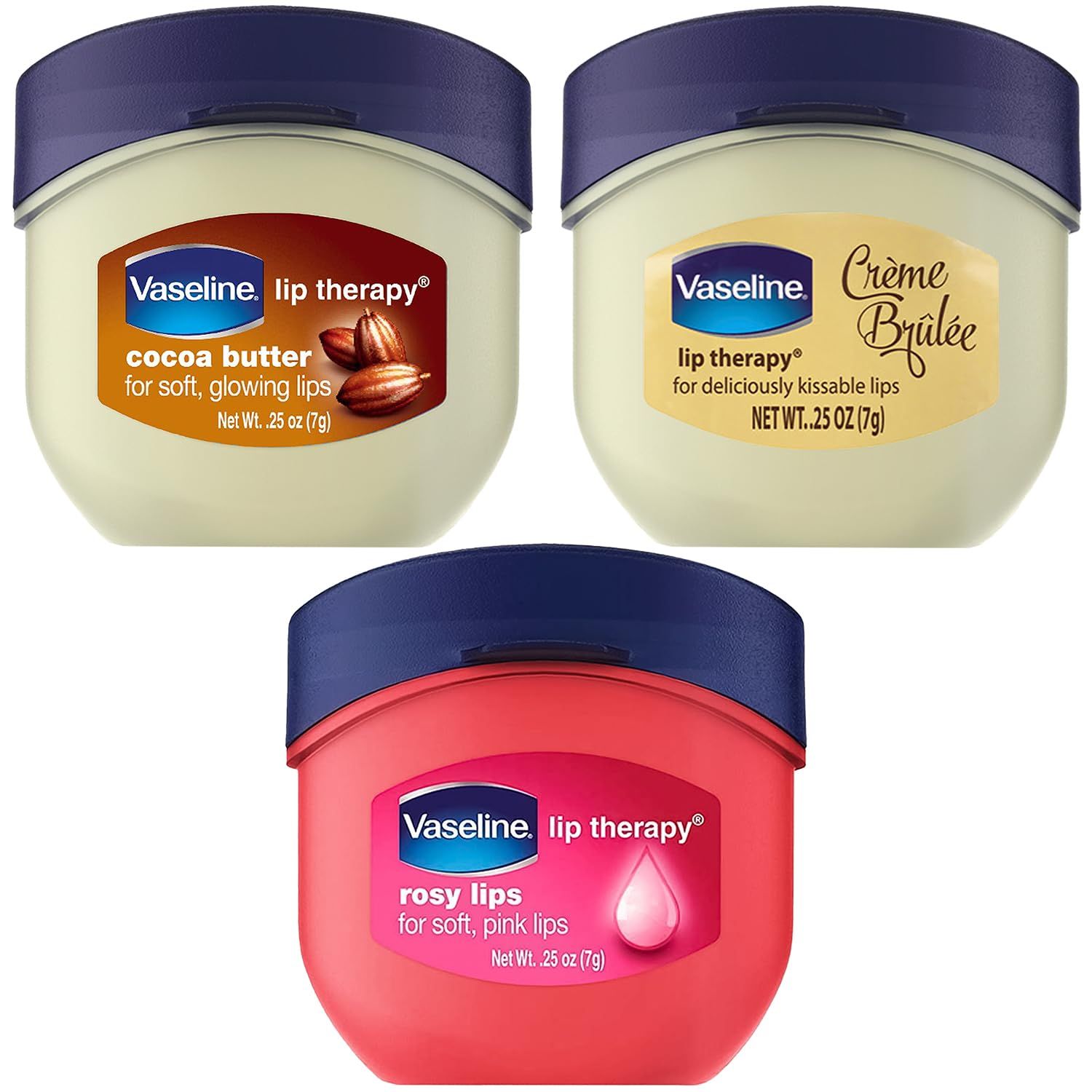 Vaseline Lip Therapy 0.25 Oz 3 Pack Bundle - Creme Brulee, Rosy Lips &amp; Cocoa Butter