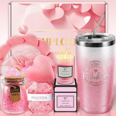 Spa Gift Basket Set for Women Pink Birthday Valentine&#39;s Day Gift Basket Box for Her Relaxing Self Care Bath Set with Tumbler Cup for Mom Wife Girlfriend Sisters Friends Graduation Gift Ideas