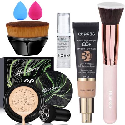 Mushroom Head Air Cushion CC Cream Natural Foundation,PHOERA CC Cream Foundation With SPF,Color Correcting Anti Aging Hydrating Serum,PHOERA Face Primer (#03 Warm Nude +#120 Nude)