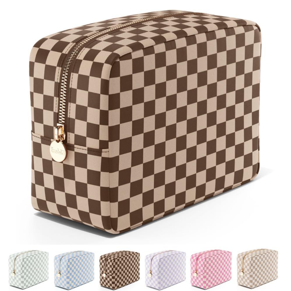 Makeup Bag Travel Cosmetics Pouch and Toiletry Bag, Nylon Zipper Pouch Purse, Cute Make Up Organizer Storage Tote for Women Girls, Travel Skincare Case, Large Makeup Case, Chocolate Sand Checkered