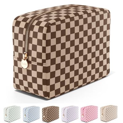 Makeup Bag Travel Cosmetics Pouch and Toiletry Bag, Nylon Zipper Pouch Purse, Cute Make Up Organizer Storage Tote for Women Girls, Travel Skincare Case, Large Makeup Case, Chocolate Sand Checkered