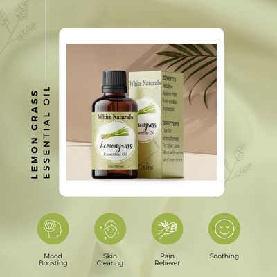 White Naturals Lemongrass Essential Oil 100% Pure and Natural, Therapeutic Premium Grade for Hair Nails and Skin, Aromatherapy Diffuser, Home and Travel, DIY