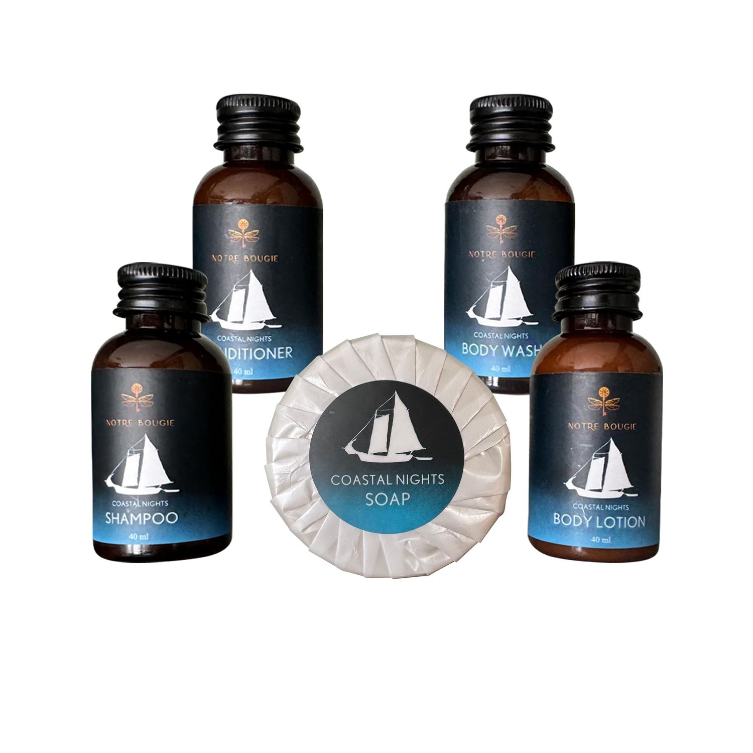Notre Bougie Travel Size Toiletries Bulk - Luxurious Hotel Amenities &amp; Guest Essentials | 40 mL (1.35 oz) Shampoo, Conditioner, Body Wash, Body Lotion and 30g (1 oz) Bar Soap | 100 pieces | 20 Sets