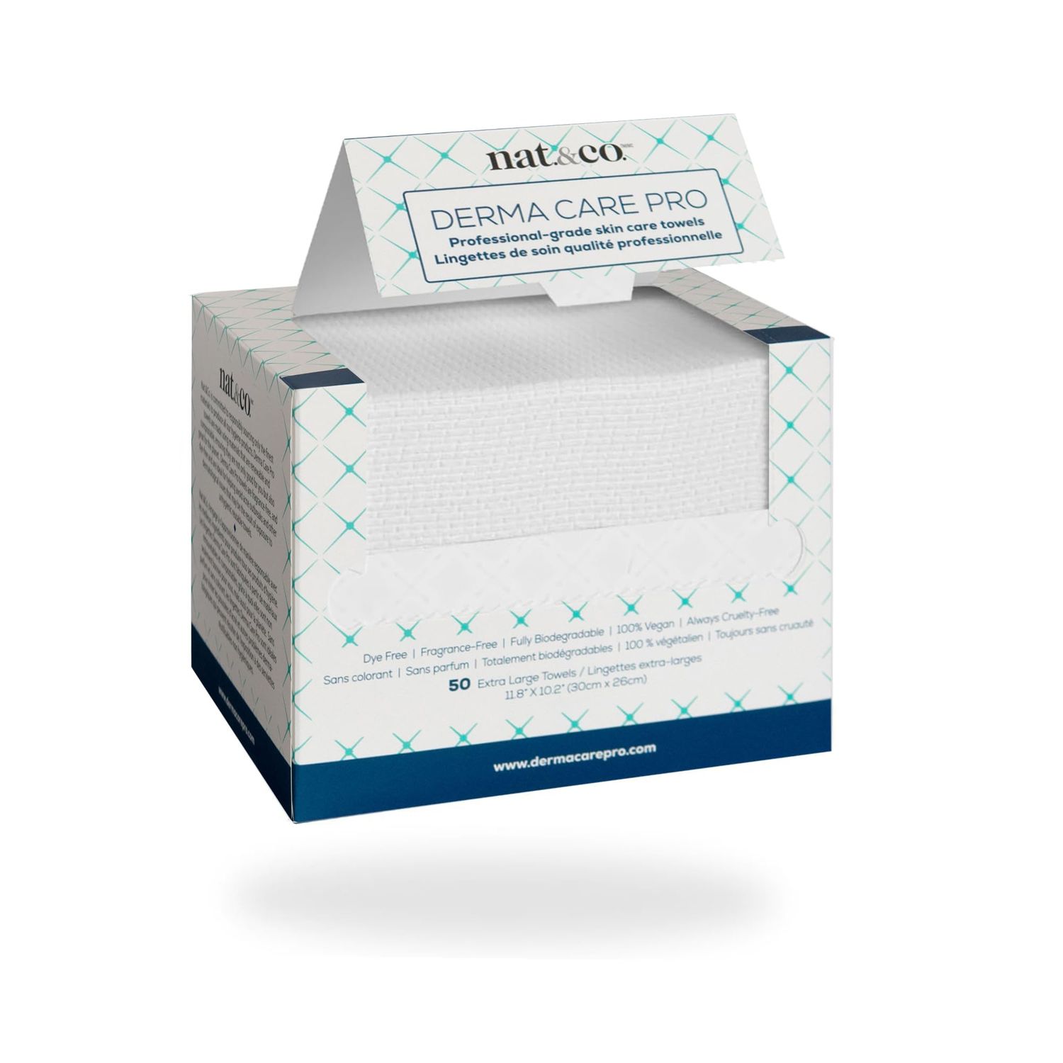 Nat.&amp;Co. Derma Care Pro 100% USDA Biobased Material - Professional Grade Extra Large Face Towels - Bio-Based Towel, Makeup Remover Dry Wipes, Facial Wash Cloths for Sensitive and Clean Skin - 50 Count