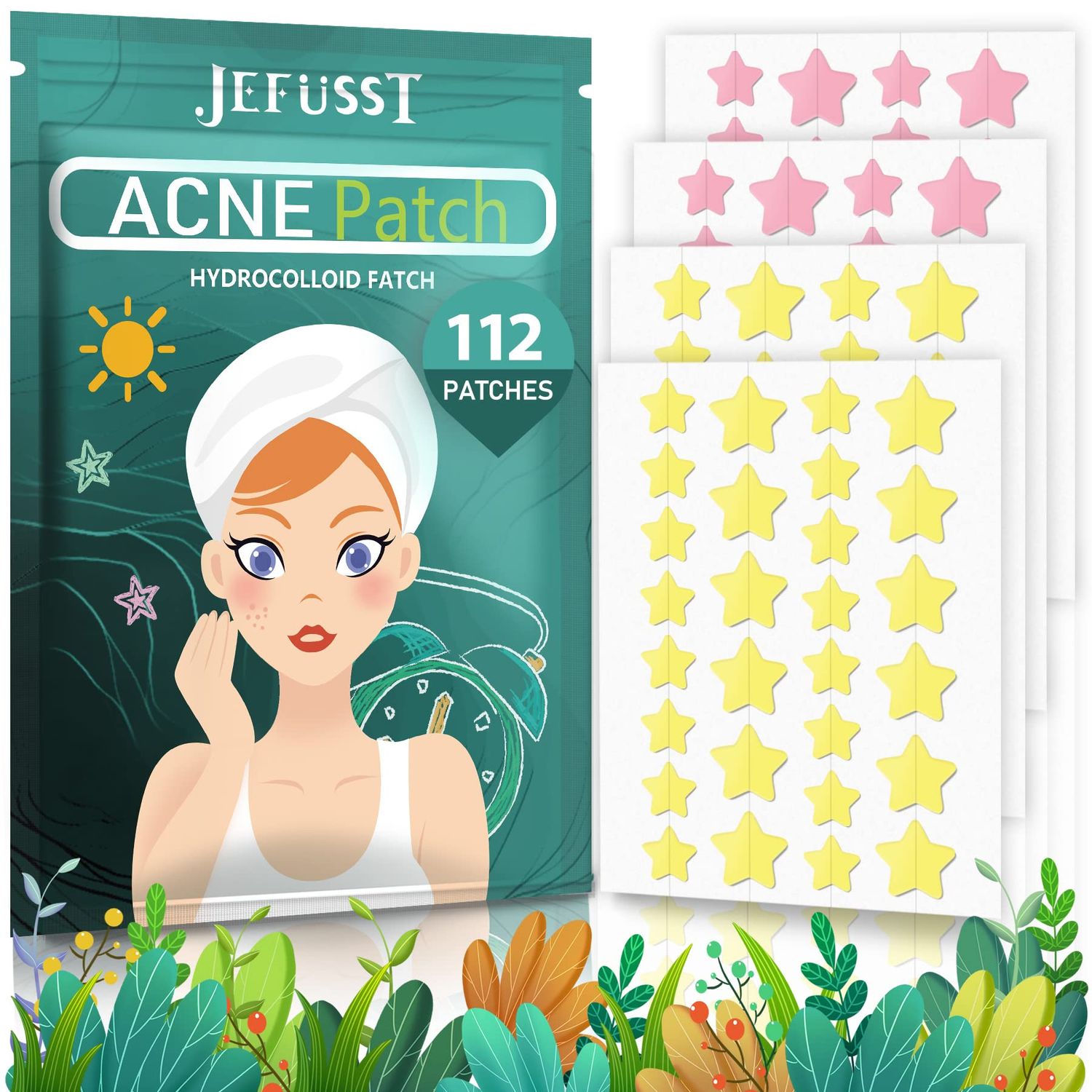 Jefusst Acne Pimple Patch 112 Counts, Invisible Hydrocolloid Yellow &amp; Pink Star-Shaped Acne Patch with Tea Tree Oil &amp; Calendula Oil, Acne Spot Healing Patch Zit Patches for Face