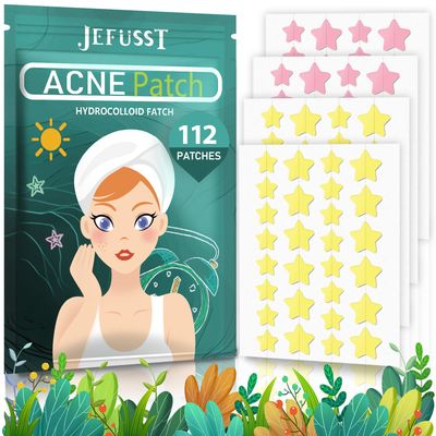 Jefusst Acne Pimple Patch 112 Counts, Invisible Hydrocolloid Yellow &amp; Pink Star-Shaped Acne Patch with Tea Tree Oil &amp; Calendula Oil, Acne Spot Healing Patch Zit Patches for Face