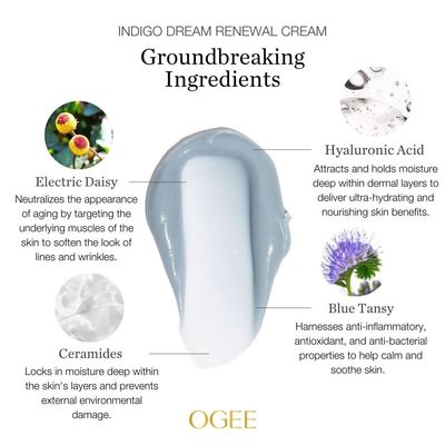 Indigo Dream Renewal Cream Face Moisturizer - Botanical Moisturizer Face Cream with Hyaluronic Acid & Ceramides - Organic Ingredients, Cruelty-Free & Made in USA
