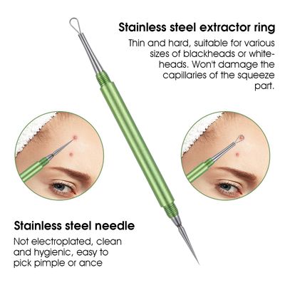 Yuanchu 2-in-1 Stainless Steel Acne Removal Needle, Professional Acne Extractor Tool Whitehead Blackhead Remover Tool Pimple Popper Tool Double Ended Needle with Cap (Green)