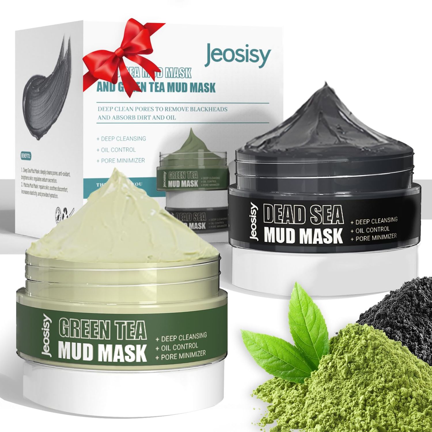 jeosisy Face Clay Mask-Facial Dead Sea Mud Mask,Green Tea Mud Mask,Purifying Pore,Remove Blackheads,Control Oil,Anti Aging,Travel Size Mother&#39;s Day Gift Sets for Women and Men-2.8Oz*2
