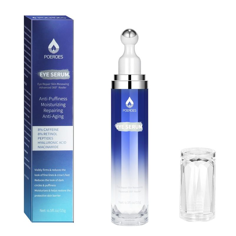 Poeroes Eye Serum with 8% Caffeine 8% Retinol Hyaluronic Acid Niacinamide peptides for Puffy Eye Bags Fine Lines Dark Circles Wrinkles, Under Eye Cream with 360 Eye Roller Massage Ball, 0.5 fl. oz