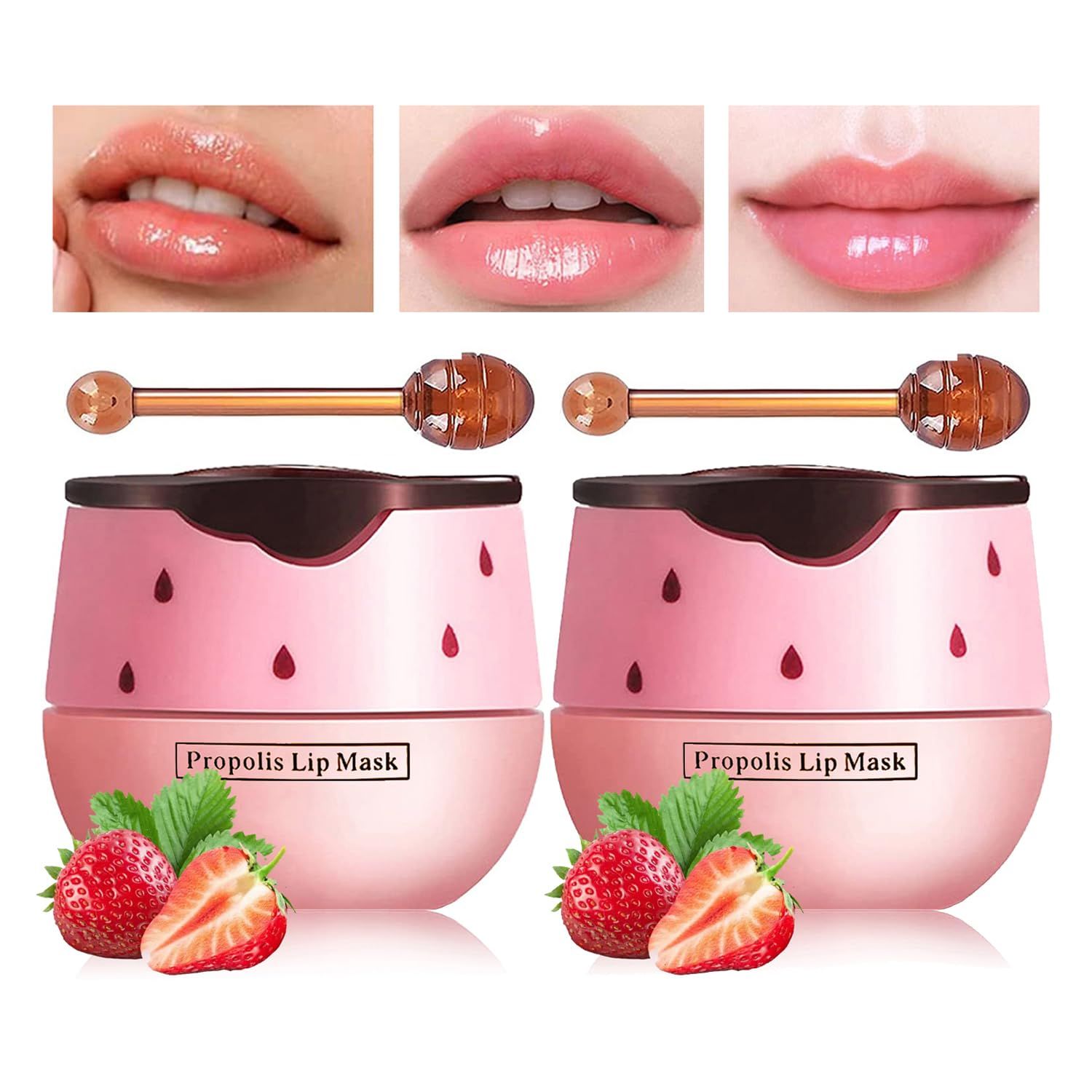Honey Lip Balm Pot, Propolis Lip Mask, Strawberry Hydrating Propolis Lip Sleeping Mask, Prevent Dry&amp;Cracked, Lip Repair Nourishes the Lip Skin (2pcs Strawberry)