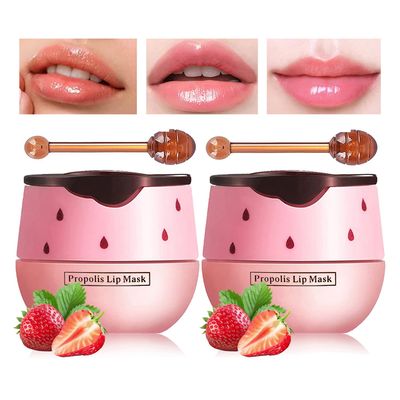 Honey Lip Balm Pot, Propolis Lip Mask, Strawberry Hydrating Propolis Lip Sleeping Mask, Prevent Dry&amp;Cracked, Lip Repair Nourishes the Lip Skin (2pcs Strawberry)