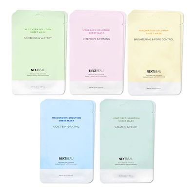 NEXTBEAU [PACK OF 10] Solution Sheet Mask Pack 5types x 2pc Aloe, Niacinamide, Collagen, Hemp seed, Hyaluronic Acid