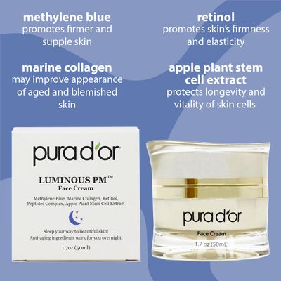 PURA D'OR 1.7 Oz Luminous PM Face Cream - Methylene Blue, Marine Collagen, Retinol, Peptides, Apple Stem Cell Extract - Anti-Aging Nighttime Moisturizer - Overnight Facial Treatment For Women & Men