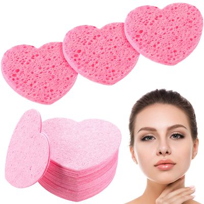 Patelai 50 Count Heart Compressed Facial Sponges Pink Heart Shaped Face Sponge Face Cleansing Sponges Exfoliating Sponges Makeup Remover Sponge Pads Skincare sponges for Travel Home Valentine&#39;s Day
