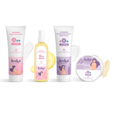 Leska Pregnancy Stages A &amp; B Set | Belly Lotion, Belly Oil, Stretch Mark Defense Cream &amp; Belly Butter | Pregnant Mom Months 1-9 | Part of Complete 3-Part Pregnancy Skincare System (Set of 4, 4-4.93oz)