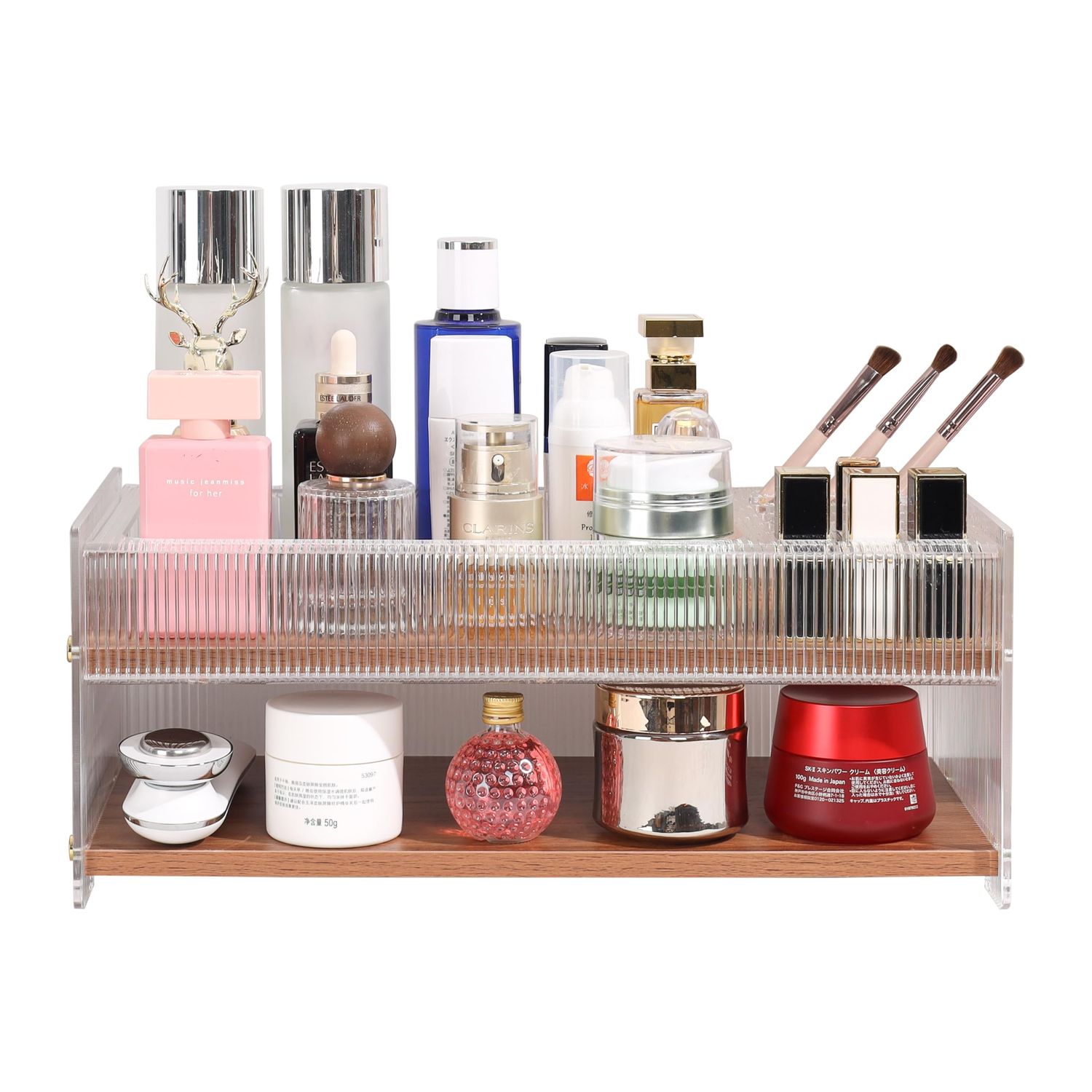KAOTGOT Large Vanity Organizer - 15 Slot Lipstick Holder &amp; Makeup Brush &amp; Skincare/Perfume Organizer, Two-Tier Design,Walnut Wood &amp; Acrylic Make up Organizer for Vanity/Makeup Table