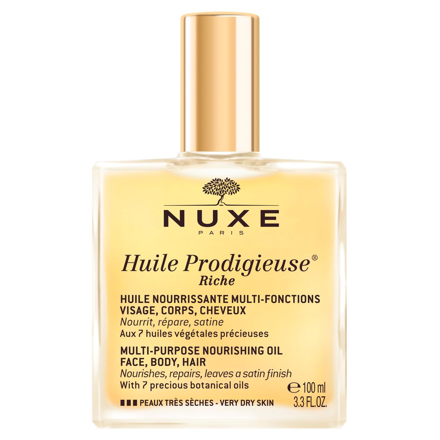 Nuxe Huile Prodigieuse Riche Nourishing Oil - Intense Hydration &amp; Luxurious Radiant Glow for Face, Body &amp; Hair, 3.3 Fl.Oz