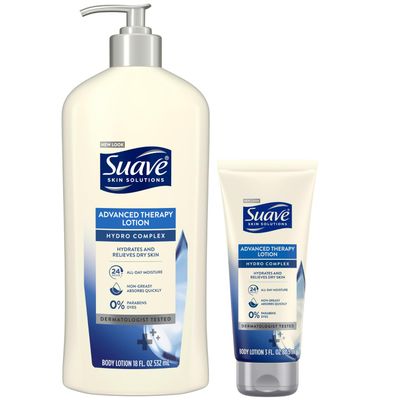 Suave Lotion, Hydro Complex Advanced Therapy Bundle - Daily Moisturizing Body Lotion for Dry Skin with Vitamin E, 18-Oz Pump Bottle + 3-Oz Travel-Size