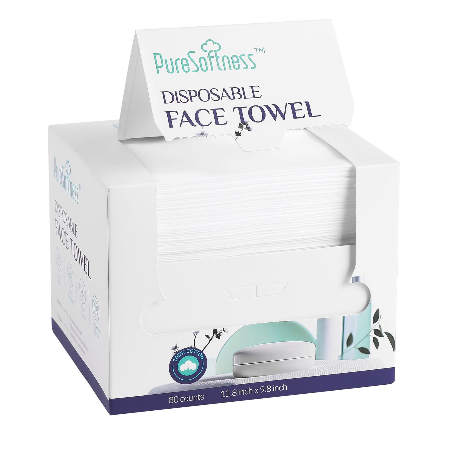 PureSoftness Disposable Face Towel, 100% Cotton, Extra Large 12&quot; x 10&quot;, Soft Dry Wipe Face Wash, Makeup Remover, Biodegradable Towelette for Sensitive Skin 80 Count (1 Pack)