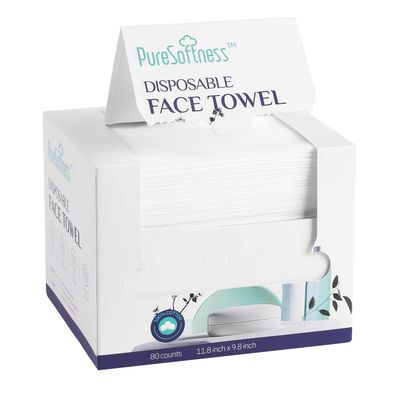 PureSoftness Disposable Face Towel, 100% Cotton, Extra Large 12&quot; x 10&quot;, Soft Dry Wipe Face Wash, Makeup Remover, Biodegradable Towelette for Sensitive Skin 80 Count (1 Pack)