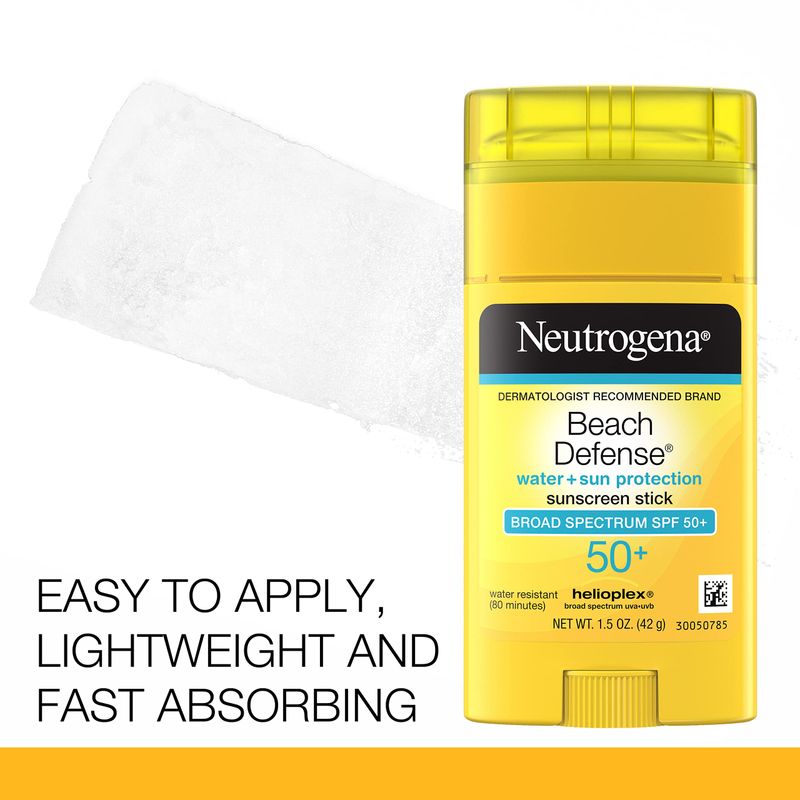 Neutrogena Beach Defense Water-Resistant SPF 50+ Sunscreen Stick, Broad Spectrum UVA/UVB Protection, PABA- &amp; Oxybenzone-Free Face &amp; Body Sunscreen Stick, Hands-Free Application, 1.5 oz